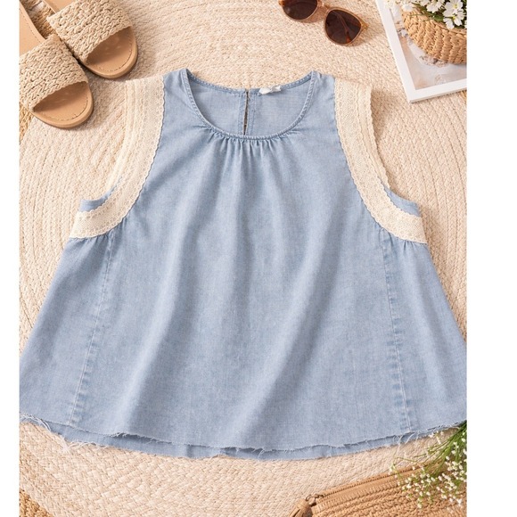 New View Tops - New IN Womens Blue Chambray Crochet Lace Trim Sleeveless Tank Top Medium